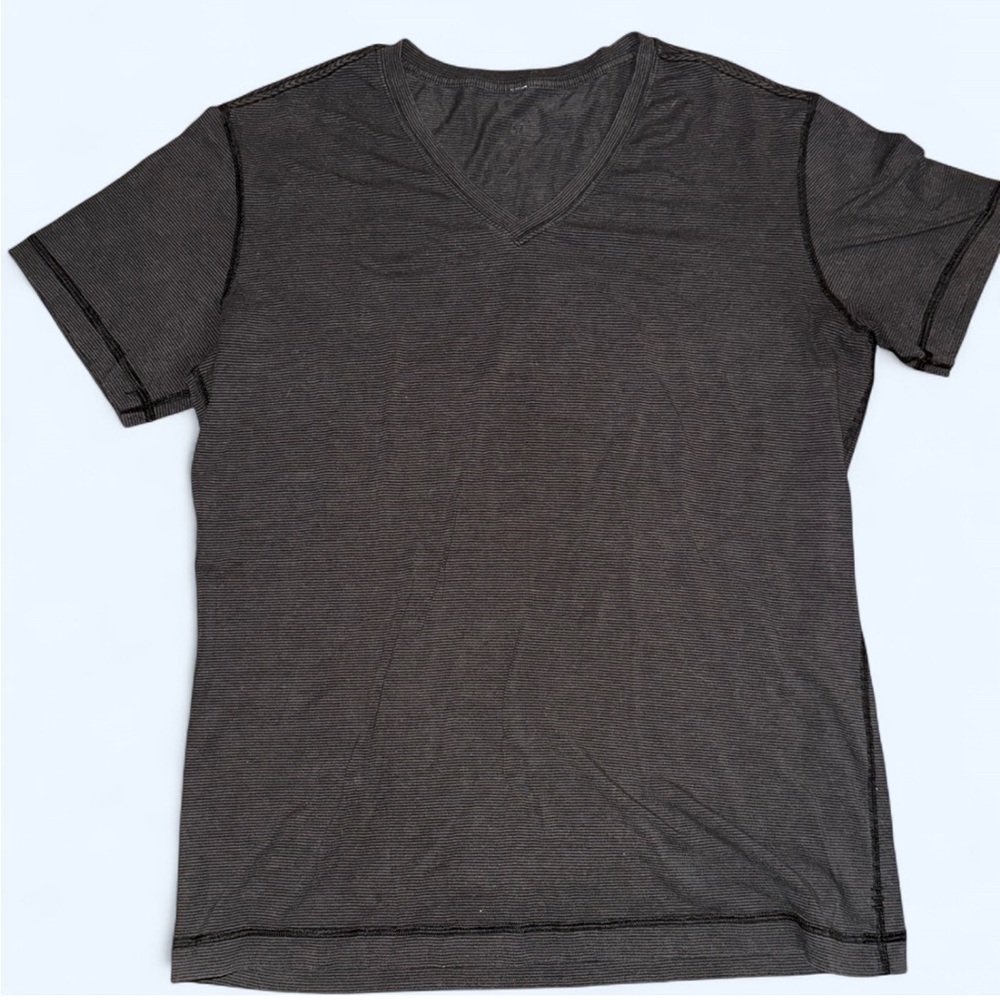 lululemon athletica Gray Short with black striped V-neck short sleeve tee - Picture 2 of 10
